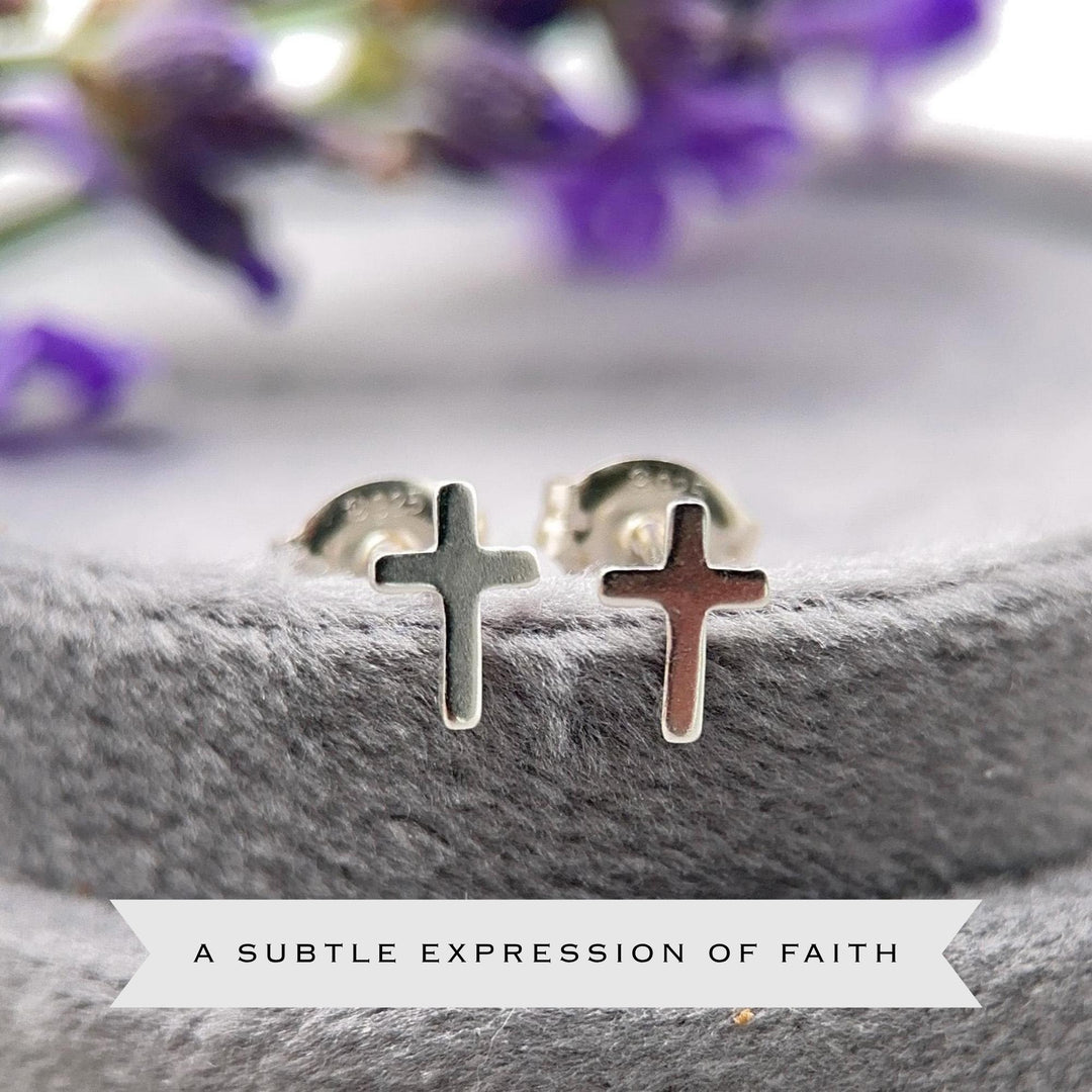 Silver Cross Stud Earrings - Solid 925 Sterling Silver, Dainty Christian Cross Earrings, Minimalist Faith Jewelry - SunlightSilver
