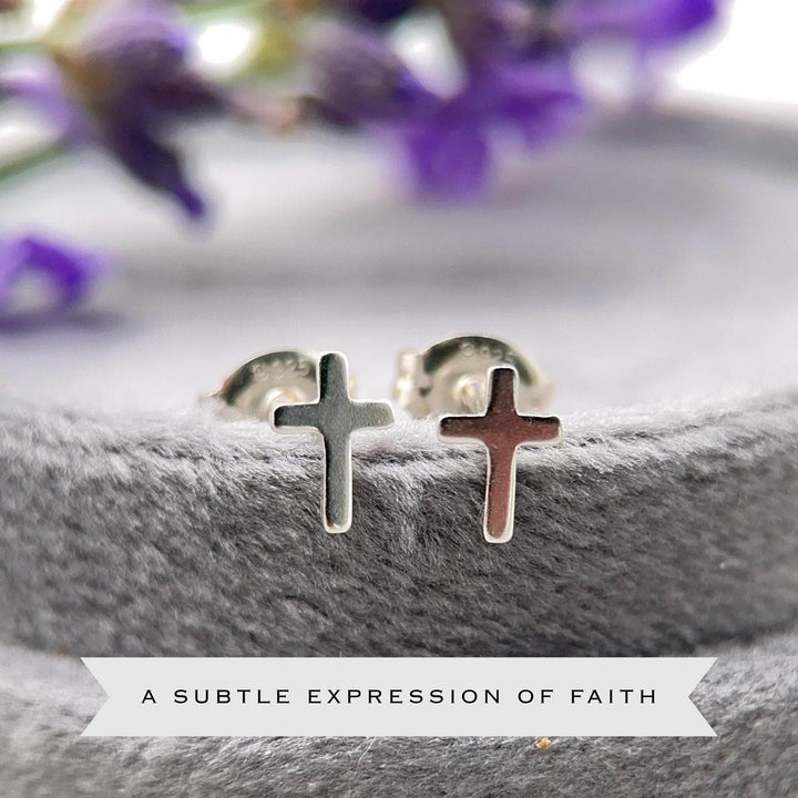 Silver Cross Stud Earrings - Solid 925 Sterling Silver, Dainty Christian Cross Earrings, Minimalist Faith Jewelry - SunlightSilver