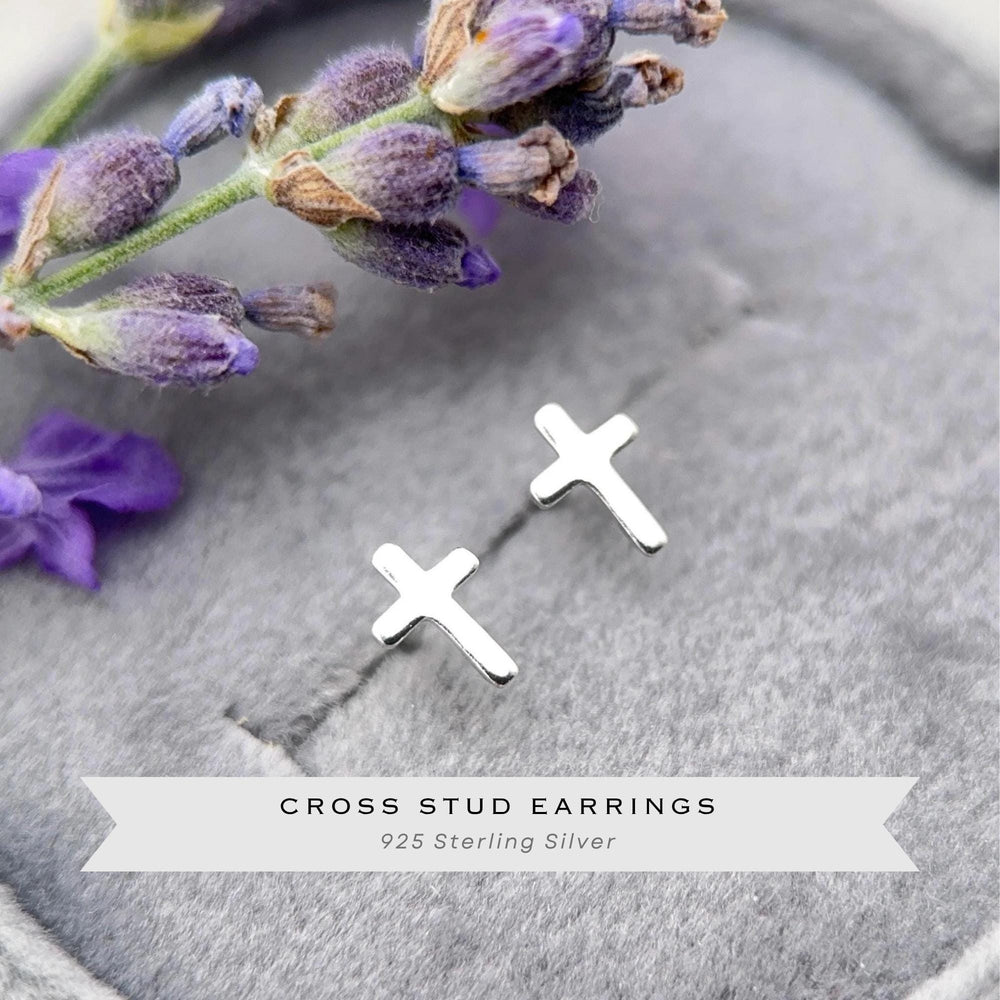 Silver Cross Stud Earrings - Solid 925 Sterling Silver, Dainty Christian Cross Earrings, Minimalist Faith Jewelry - SunlightSilver
