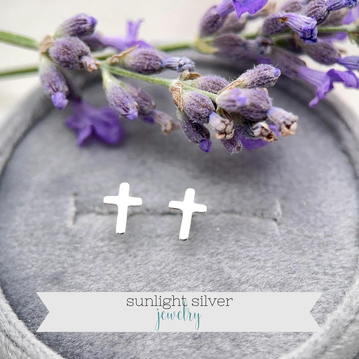 Silver Cross Stud Earrings - Solid 925 Sterling Silver, Dainty Christian Cross Earrings, Minimalist Faith Jewelry - SunlightSilver