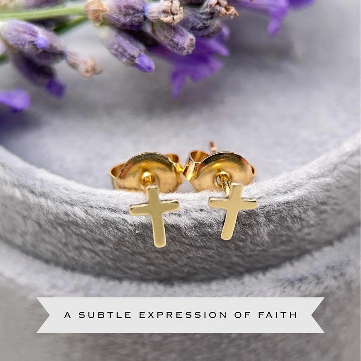 Gold Cross Stud Earrings - 14k Yellow Gold Filled, Dainty Christian Cross Earrings, Minimalist Faith Jewelry - SunlightSilver