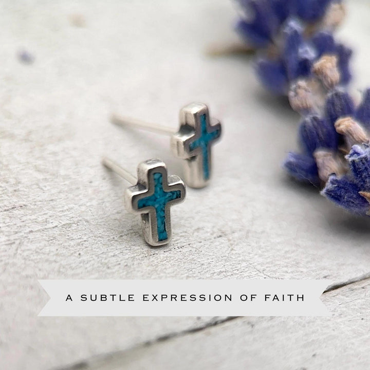 Turquoise Cross Earrings Sterling Silver, Christian Cross Studs, Turquoise Inlay Faith Religious Jewelry Gift - SunlightSilver