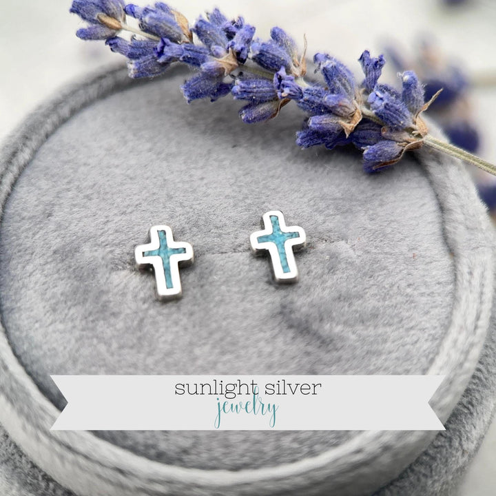 Turquoise Cross Earrings Sterling Silver, Christian Cross Studs, Turquoise Inlay Faith Religious Jewelry Gift - SunlightSilver