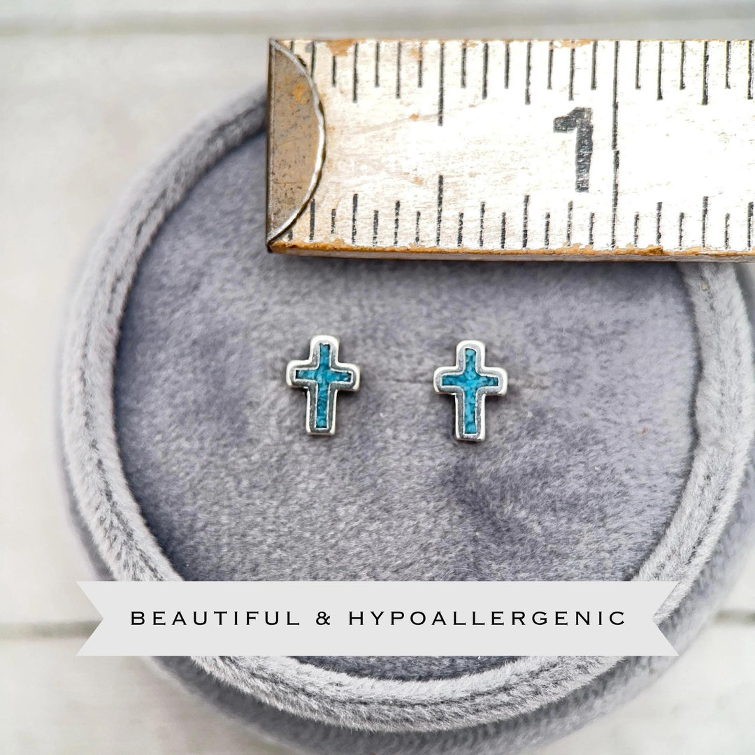 Turquoise Cross Earrings Sterling Silver, Christian Cross Studs, Turquoise Inlay Faith Religious Jewelry Gift - SunlightSilver