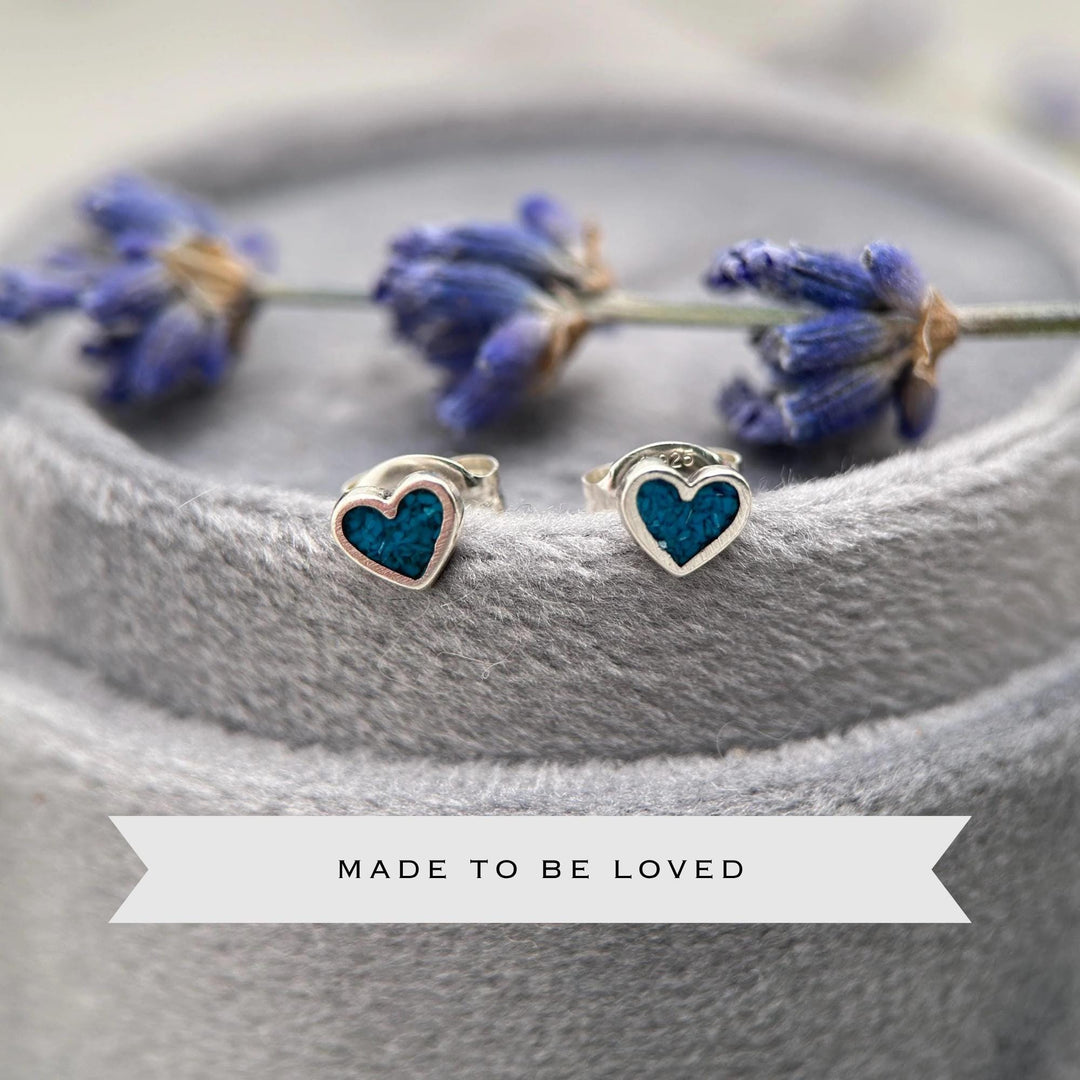 Tiny Turquoise Sterling Silver Heart Stud - Inlay Post Earrings - SunlightSilver