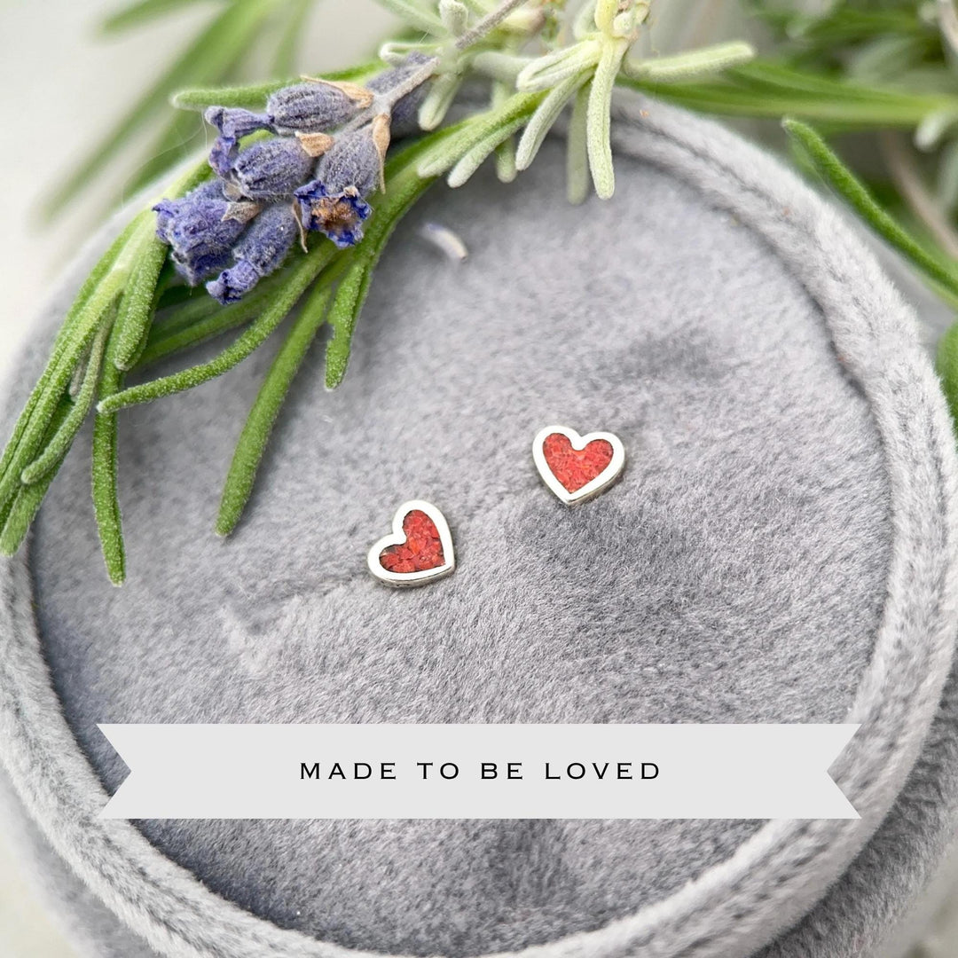 Tiny Red Coral Sterling Silver Heart Stud - Inlay Post Earrings - SunlightSilver
