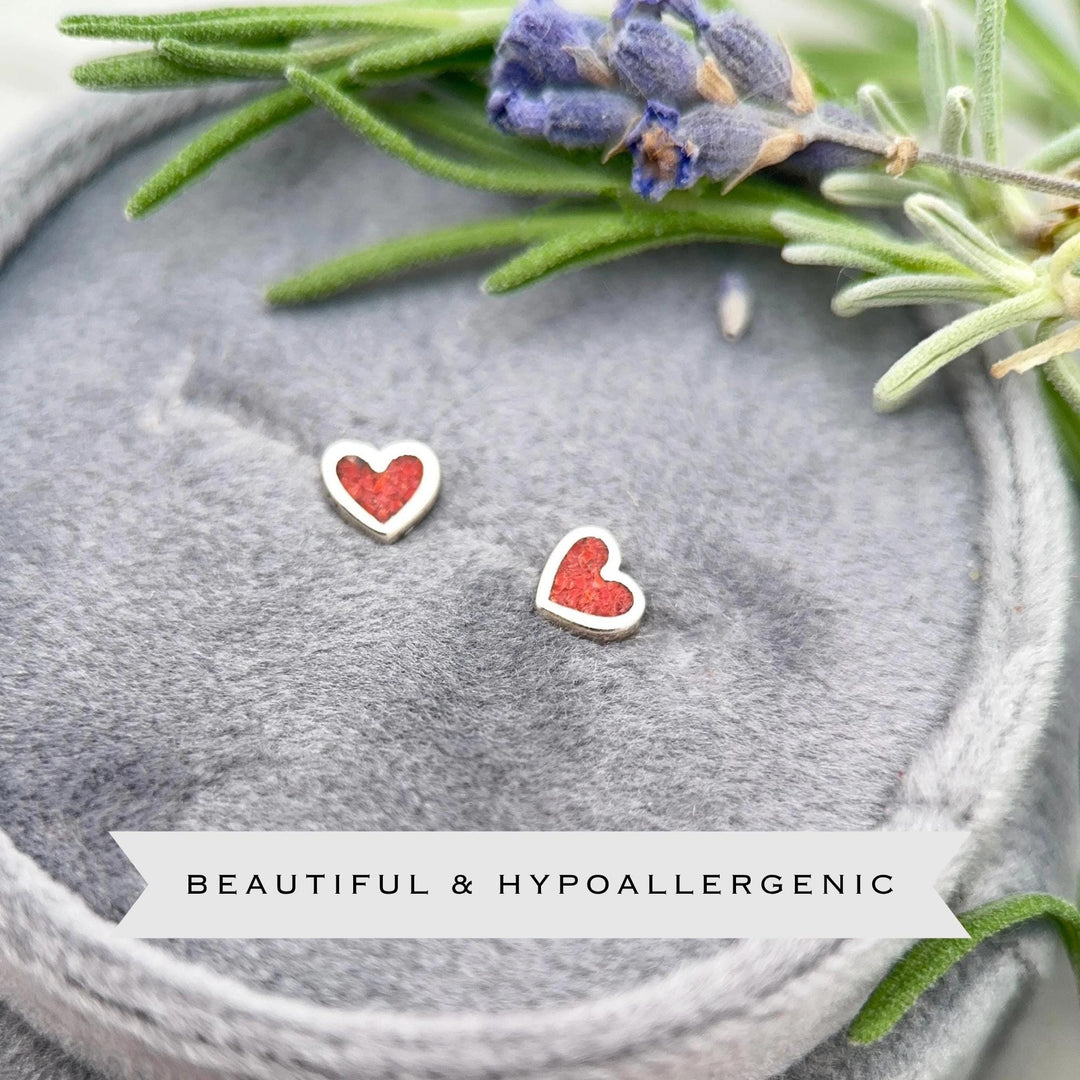 Tiny Red Coral Sterling Silver Heart Stud - Inlay Post Earrings - SunlightSilver