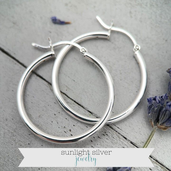 Sterling Silver Hoop Earrings 1.5 inch | 40mm x 3mm Thick Silver Filled Hoops, Bold Lightweight Hinged | Everyday Statement Silver Jewelry - SunlightSilver