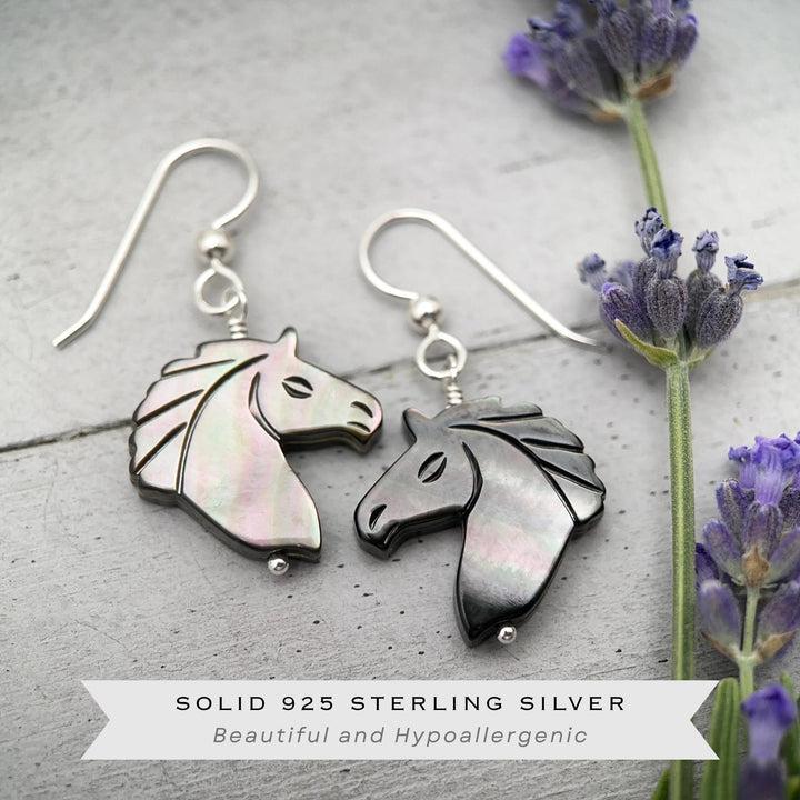 Gray Mother of Pearl Horse Earrings | Sterling Silver Black Lip Oyster Shell| Year of the Horse 2026 | Western Gift for Her - SunlightSilver