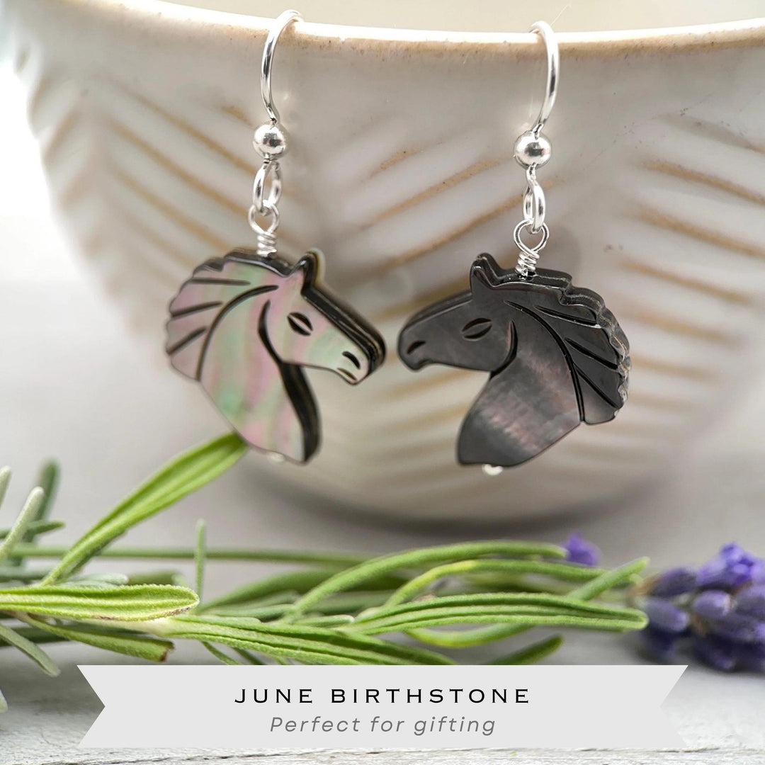 Gray Mother of Pearl Horse Earrings | Sterling Silver Black Lip Oyster Shell| Year of the Horse 2026 | Western Gift for Her - SunlightSilver