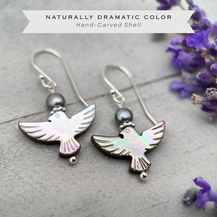 Black Mother of Pearl Thunder Bird, Pearl and Sterling Silver Earrings - Black Lipped Oyster Shell Jewelry - Native Thunderbird Symbol - SunlightSilver