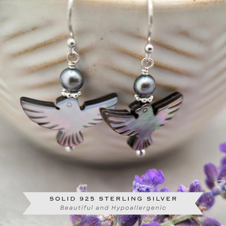 Black Mother of Pearl Thunder Bird, Pearl and Sterling Silver Earrings - Black Lipped Oyster Shell Jewelry - Native Thunderbird Symbol - SunlightSilver