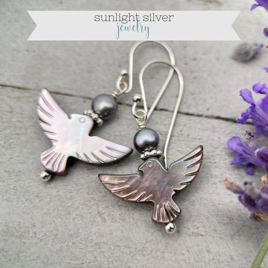 Black Mother of Pearl Thunder Bird, Pearl and Sterling Silver Earrings - Black Lipped Oyster Shell Jewelry - Native Thunderbird Symbol - SunlightSilver