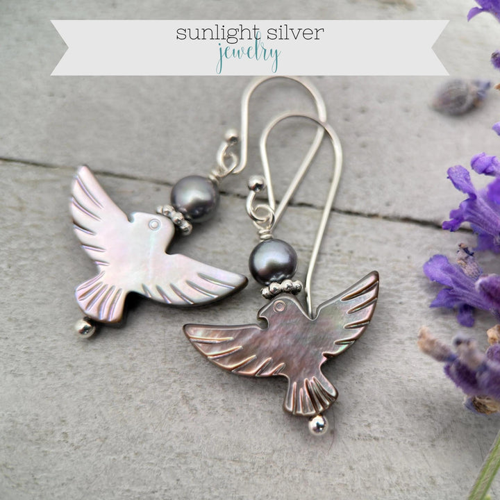 Black Mother of Pearl Thunder Bird, Pearl and Sterling Silver Earrings - Black Lipped Oyster Shell Jewelry - Native Thunderbird Symbol - SunlightSilver