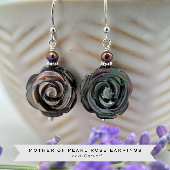 Black Lip Oyster Shell Rose Flower and Sterling Silver Earrings - SunlightSilver
