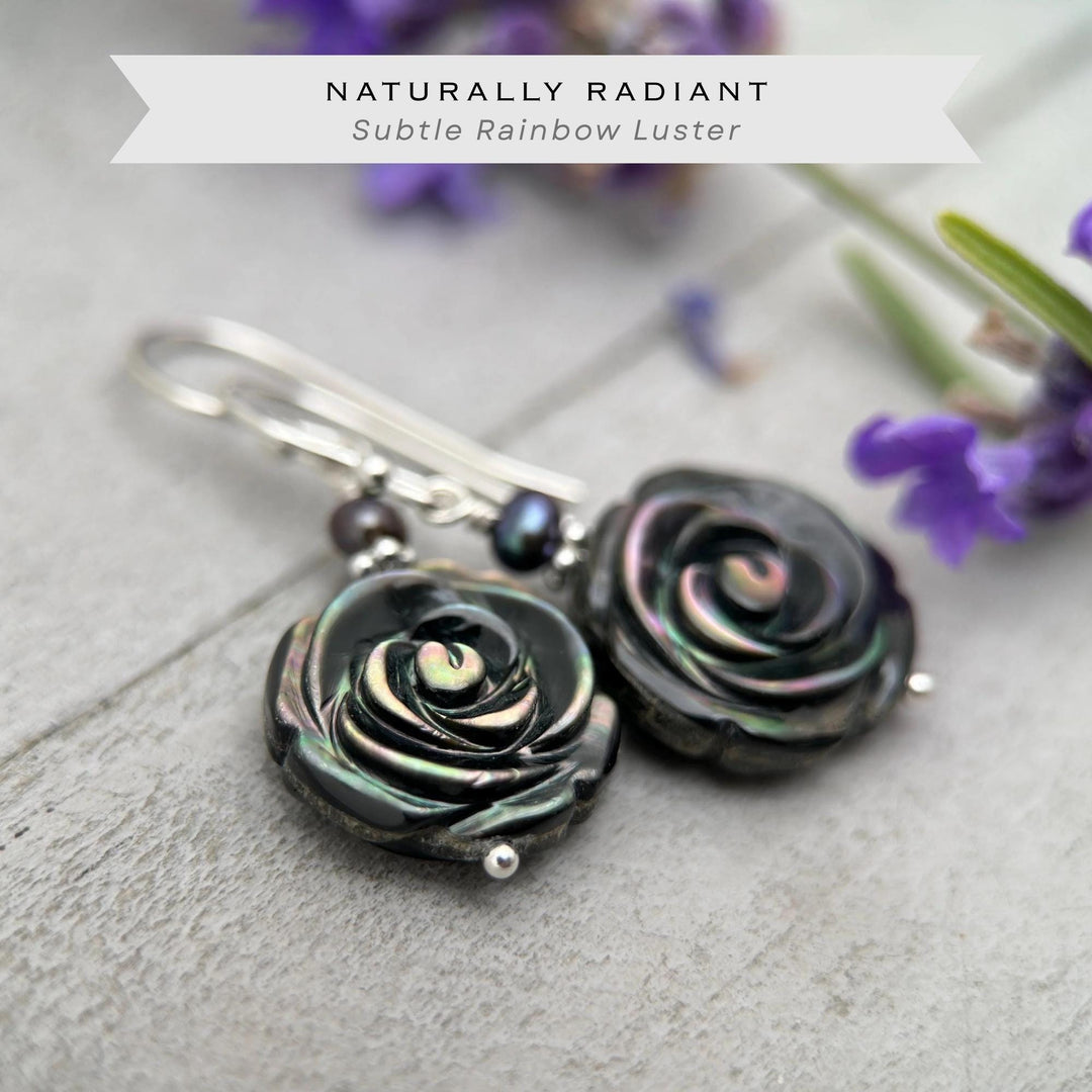 Black Lip Oyster Shell Rose Flower and Sterling Silver Earrings - SunlightSilver