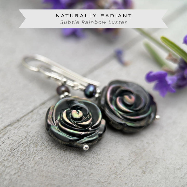 Black Lip Oyster Shell Rose Flower and Sterling Silver Earrings - SunlightSilver
