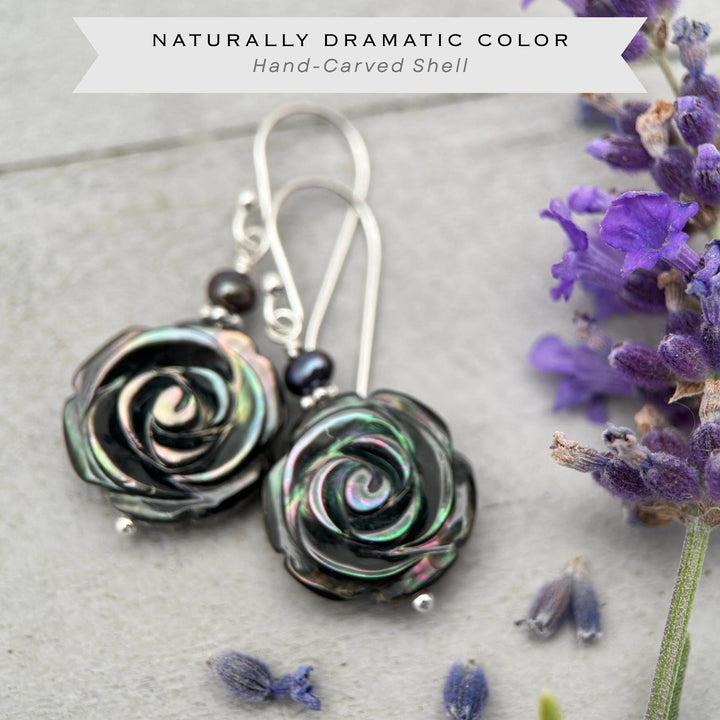 Black Lip Oyster Shell Rose Flower and Sterling Silver Earrings - SunlightSilver