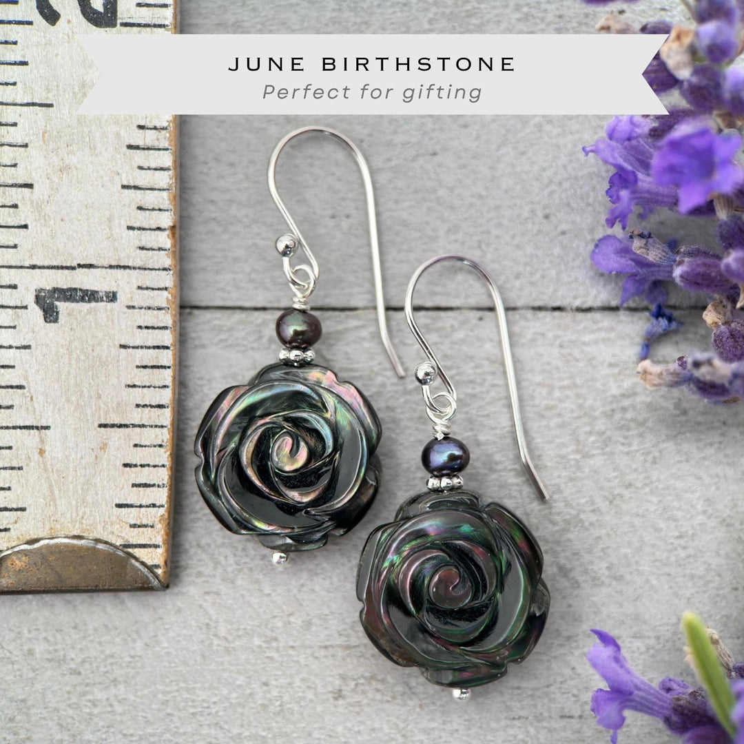 Black Lip Oyster Shell Rose Flower and Sterling Silver Earrings - SunlightSilver