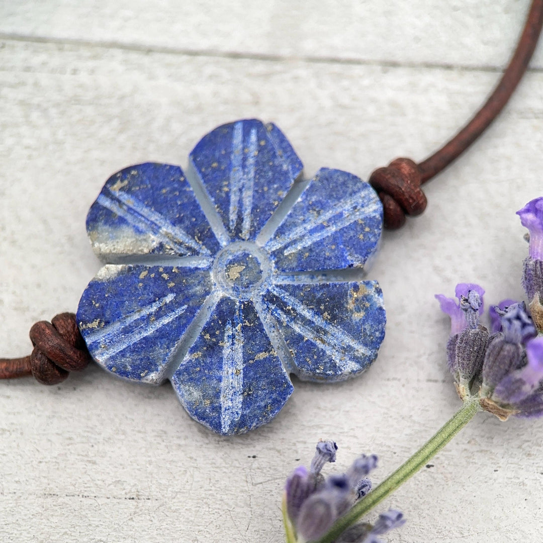 Lapis Lazuli Carved Flower and Brown Leather Necklace - SunlightSilver