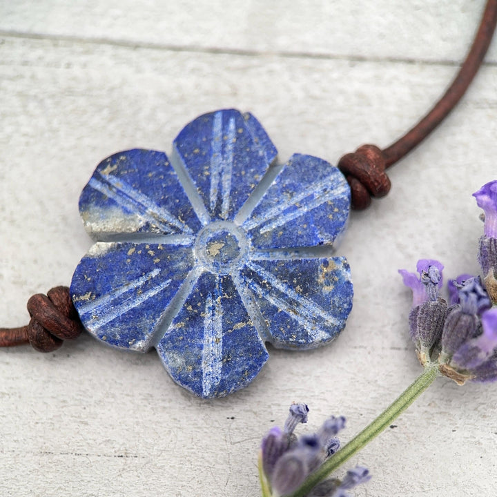 Lapis Lazuli Carved Flower and Brown Leather Necklace - SunlightSilver