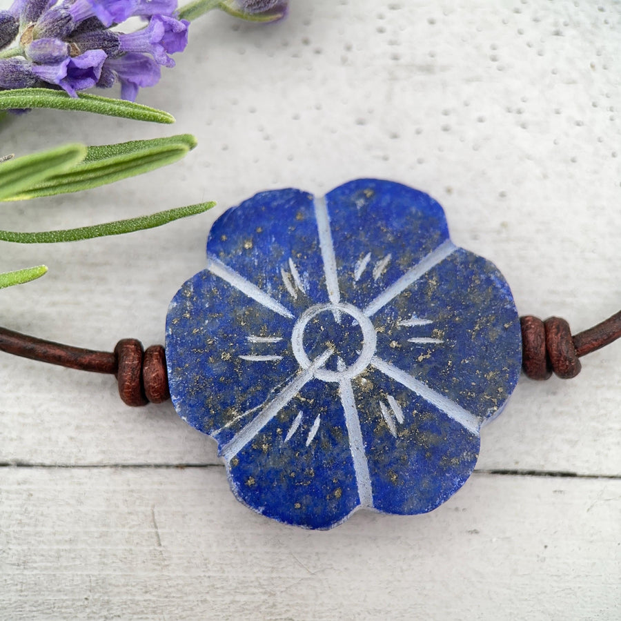 Lapis Lazuli Carved Flower and Brown Leather Necklace - SunlightSilver