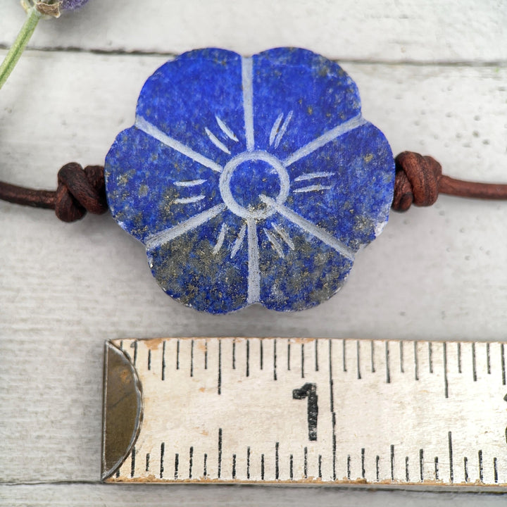 Lapis Lazuli Carved Flower and Brown Leather Necklace - SunlightSilver