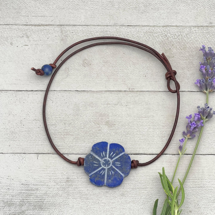 Lapis Lazuli Carved Flower and Brown Leather Necklace - SunlightSilver
