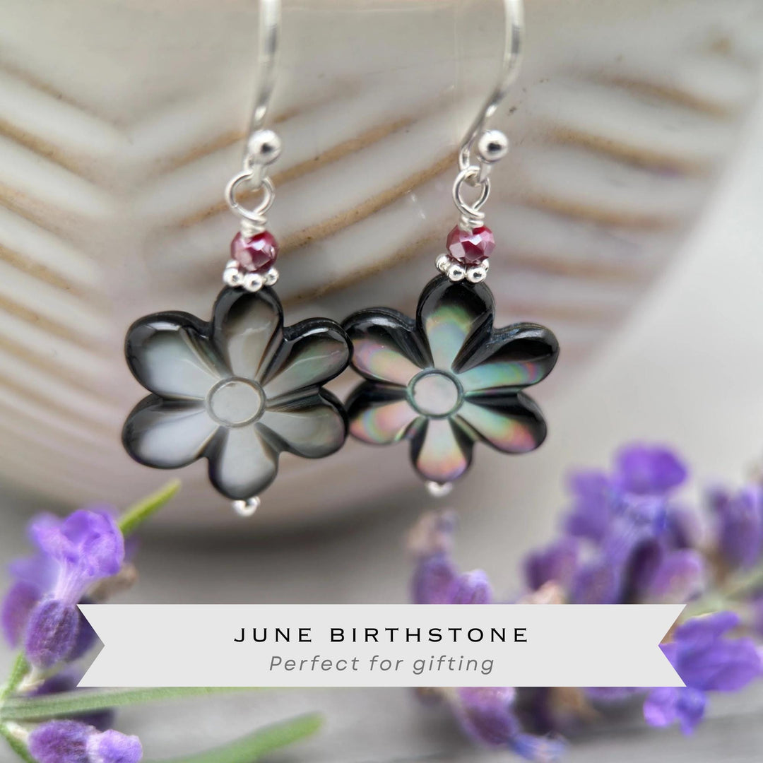 Black Lip Oyster Shell Daisy Flower and Sterling Silver Earrings - SunlightSilver