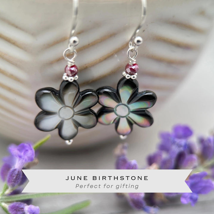 Black Lip Oyster Shell Daisy Flower and Sterling Silver Earrings - SunlightSilver