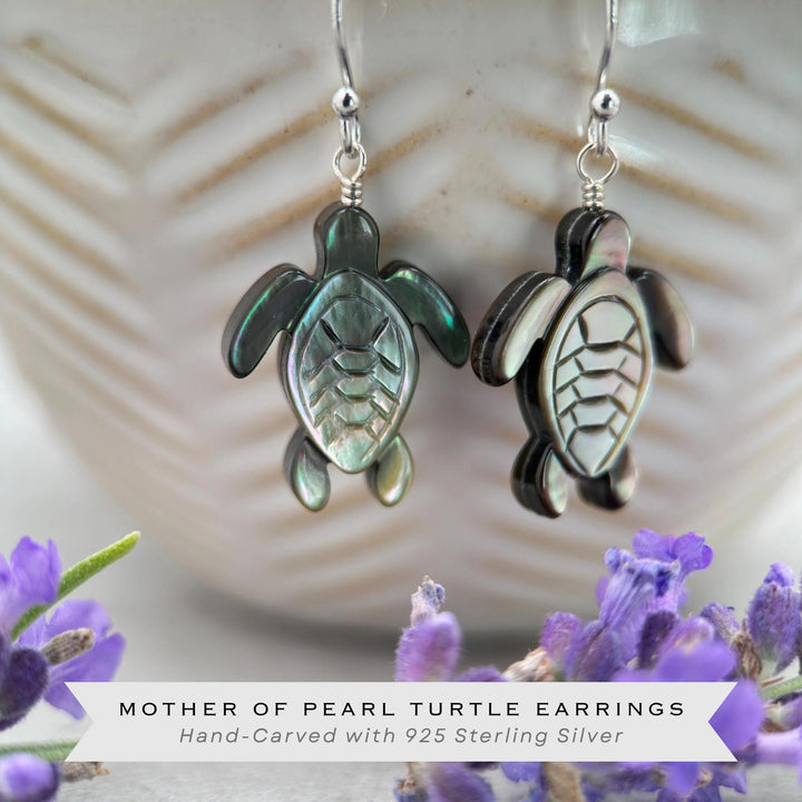 Black Mother of Pearl Sea Turtle and Sterling Silver Earrings - Black Lipped Oyster Shell Tortuga Jewelry - SunlightSilver