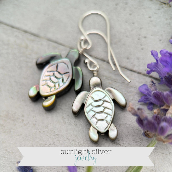 Black Mother of Pearl Sea Turtle and Sterling Silver Earrings - Black Lipped Oyster Shell Tortuga Jewelry - SunlightSilver