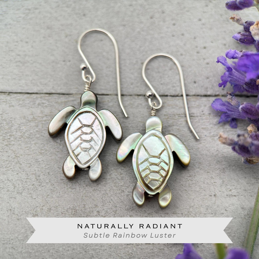 Black Mother of Pearl Sea Turtle and Sterling Silver Earrings - Black Lipped Oyster Shell Tortuga Jewelry - SunlightSilver