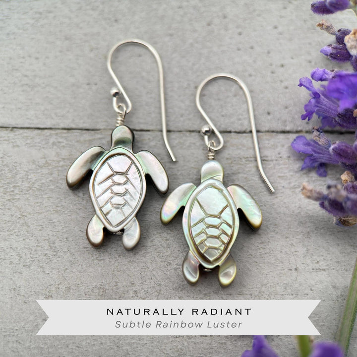 Black Mother of Pearl Sea Turtle and Sterling Silver Earrings - Black Lipped Oyster Shell Tortuga Jewelry - SunlightSilver
