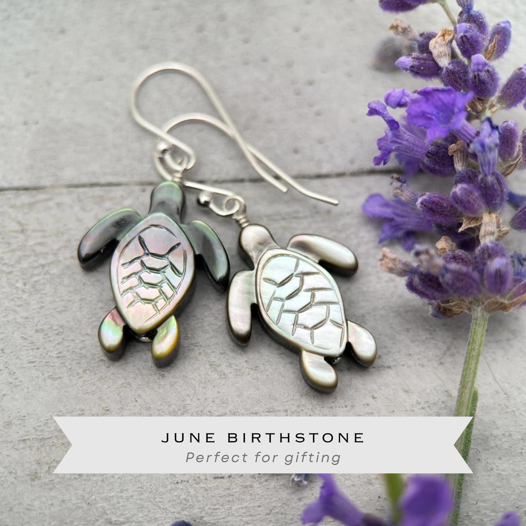 Black Mother of Pearl Sea Turtle and Sterling Silver Earrings - Black Lipped Oyster Shell Tortuga Jewelry - SunlightSilver