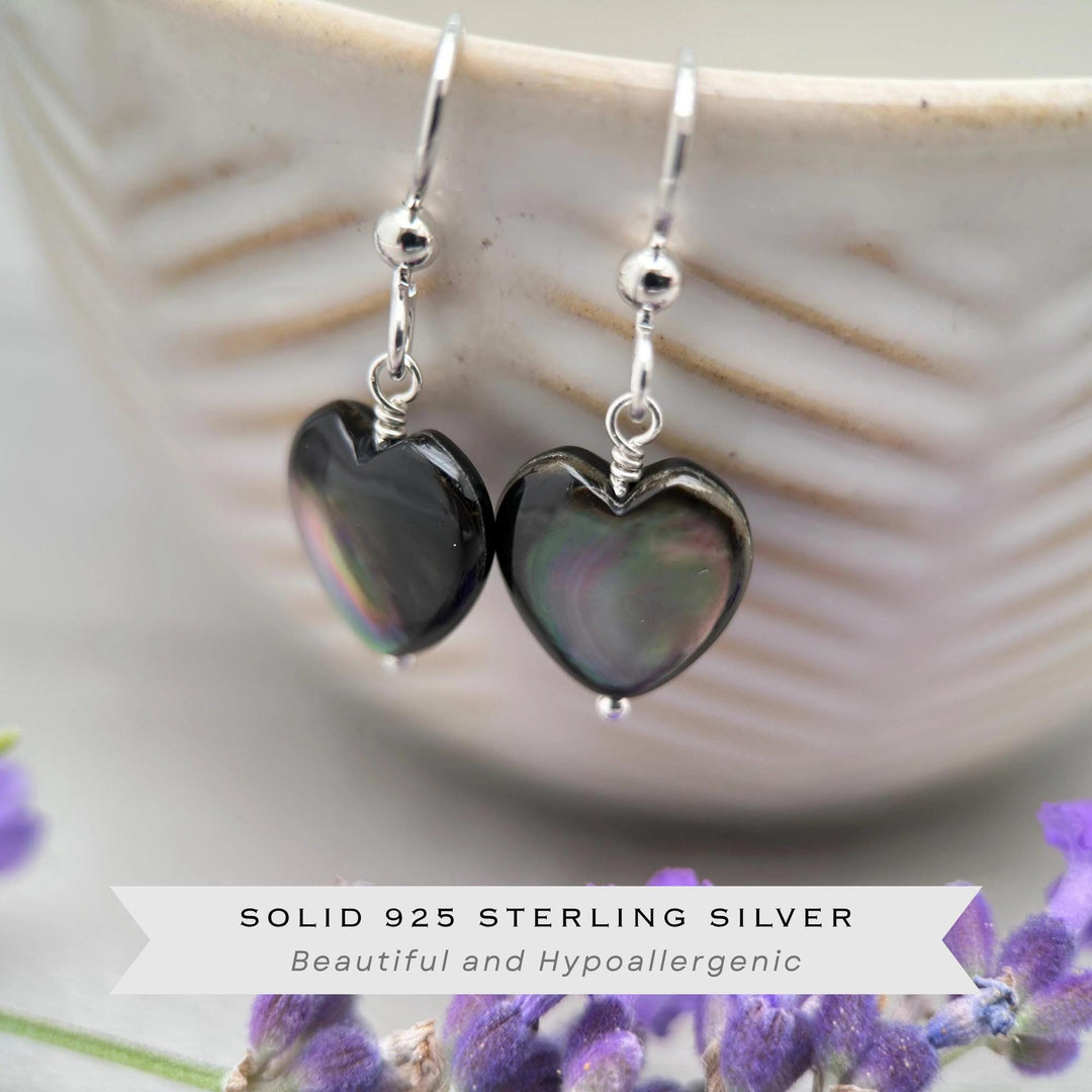 Black Lip Oyster Shell Heart Earrings | Sterling Silver Mother of Pearl Jewelry | Love, Friendship Symbol - SunlightSilver