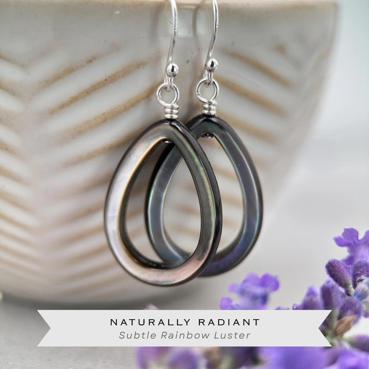 Black Mother of Pearl Teardrop Earrings – Elegant Sterling Silver Shell Drop Jewelry - Black Lip Oyster Shell Hoop Earrings - SunlightSilver