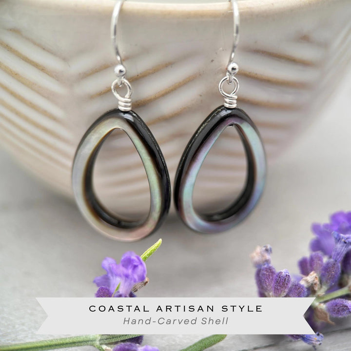 Black Mother of Pearl Teardrop Earrings – Elegant Sterling Silver Shell Drop Jewelry - Black Lip Oyster Shell Hoop Earrings - SunlightSilver