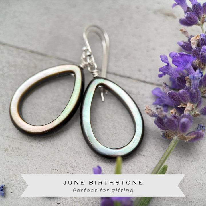 Black Mother of Pearl Teardrop Earrings – Elegant Sterling Silver Shell Drop Jewelry - Black Lip Oyster Shell Hoop Earrings - SunlightSilver