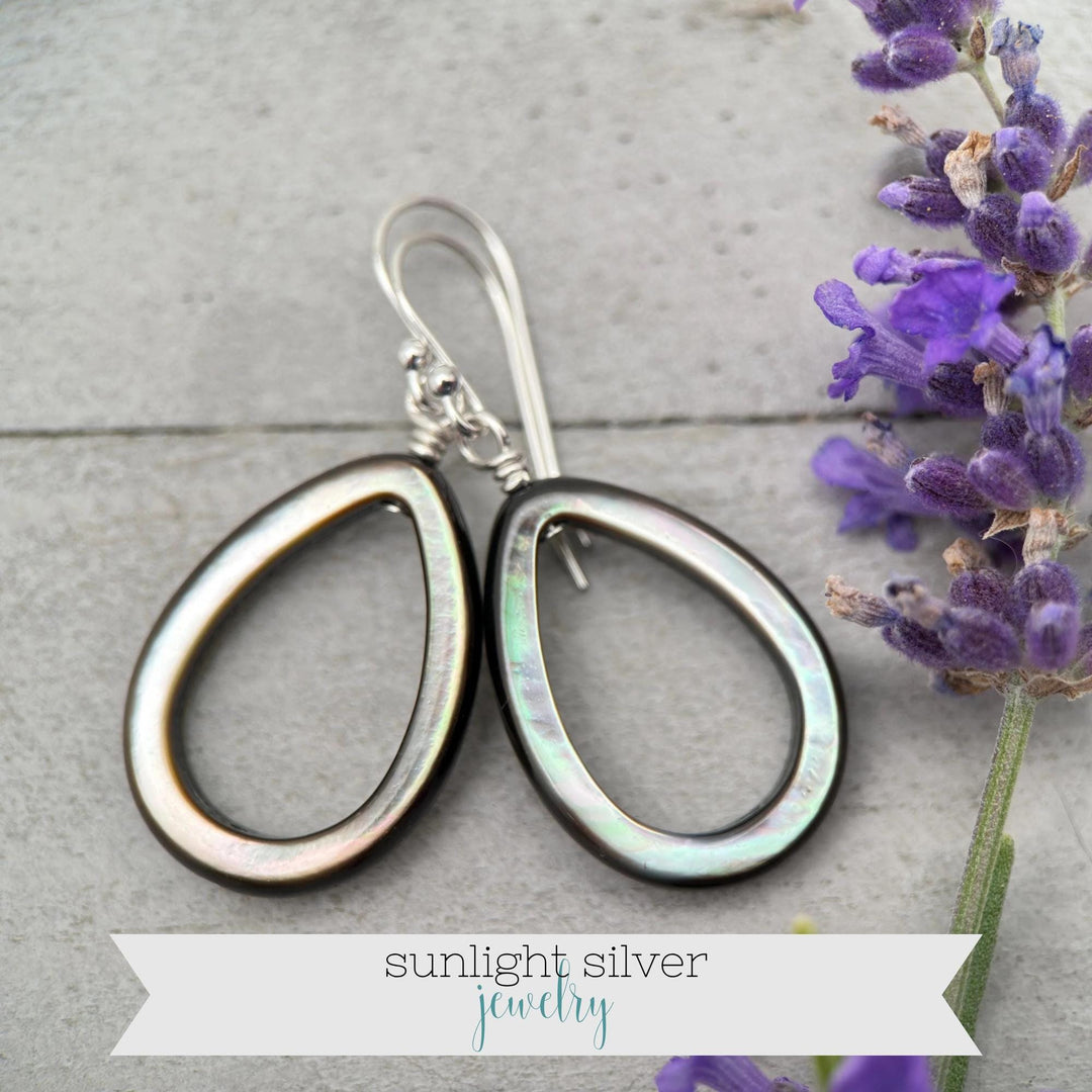 Black Mother of Pearl Teardrop Earrings – Elegant Sterling Silver Shell Drop Jewelry - Black Lip Oyster Shell Hoop Earrings - SunlightSilver