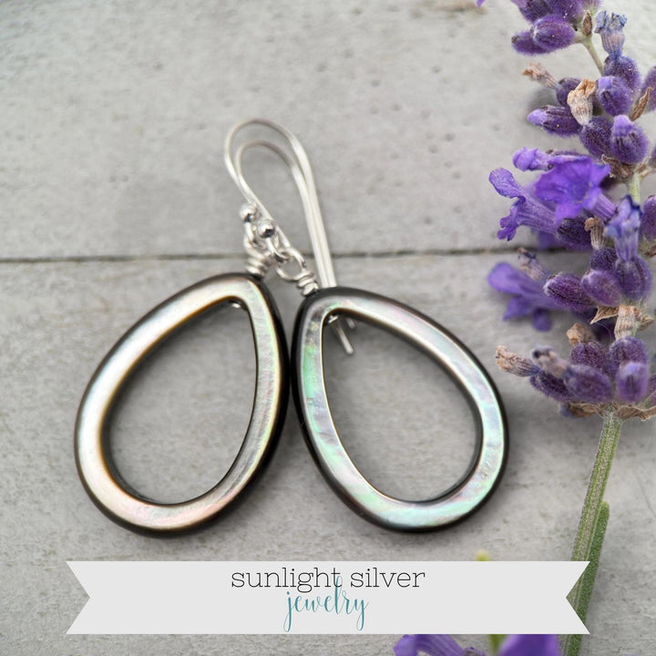 Black Mother of Pearl Teardrop Earrings – Elegant Sterling Silver Shell Drop Jewelry - Black Lip Oyster Shell Hoop Earrings - SunlightSilver