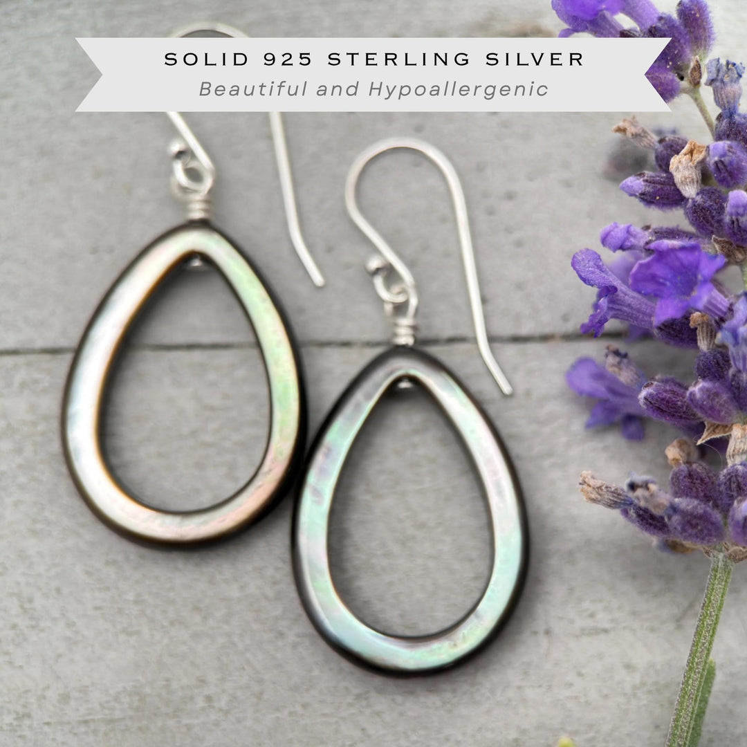 Black Mother of Pearl Teardrop Earrings – Elegant Sterling Silver Shell Drop Jewelry - Black Lip Oyster Shell Hoop Earrings - SunlightSilver