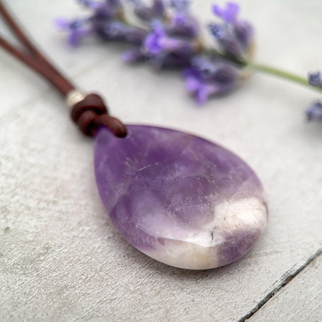Large Amethyst Pendant Necklace – Deep Purple Gemstone on Rustic Leather – Healing Crystal - February Birthstone - Handmade in the USA - SunlightSilver