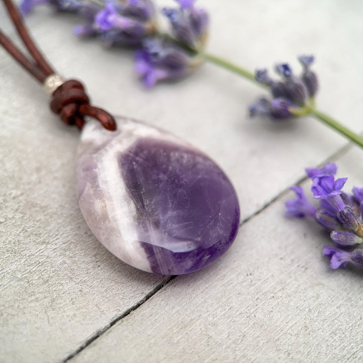 Large Amethyst Pendant Necklace – Deep Purple Gemstone on Rustic Leather – Healing Crystal - February Birthstone - Handmade in the USA - SunlightSilver