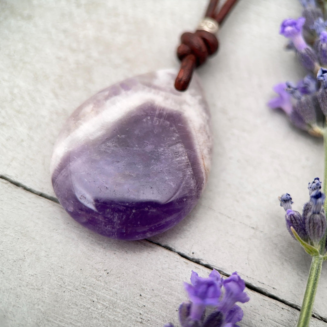 Large Amethyst Pendant Necklace – Deep Purple Gemstone on Rustic Leather – Healing Crystal - February Birthstone - Handmade in the USA - SunlightSilver