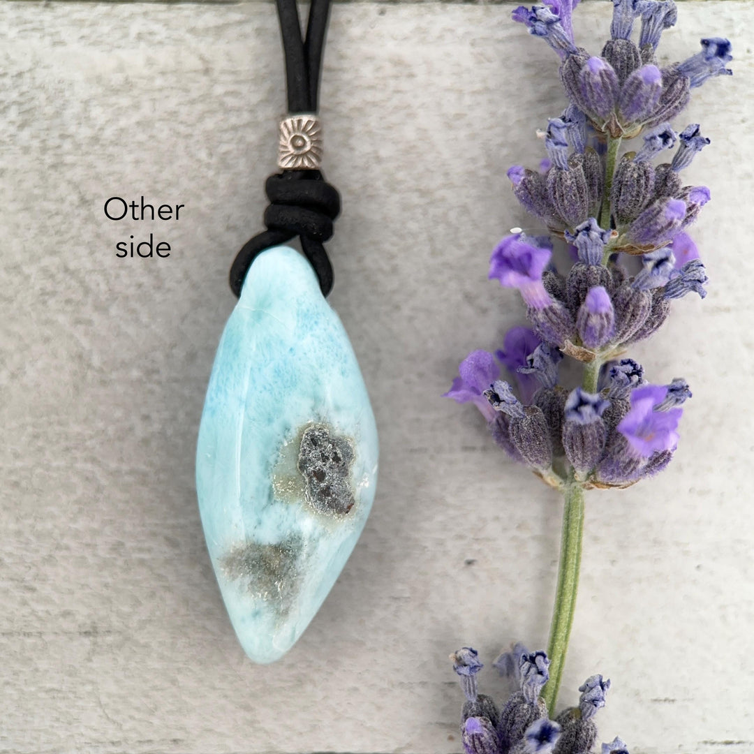 Larimar Crystal and Black Leather Pendant Necklace | Genuine Larimar & Sterling Silver Jewelry - SunlightSilver