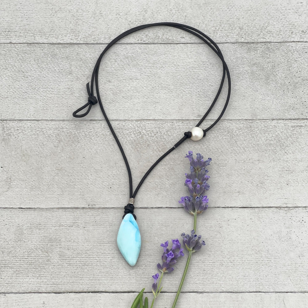 Larimar Crystal and Black Leather Pendant Necklace | Genuine Larimar & Sterling Silver Jewelry - SunlightSilver