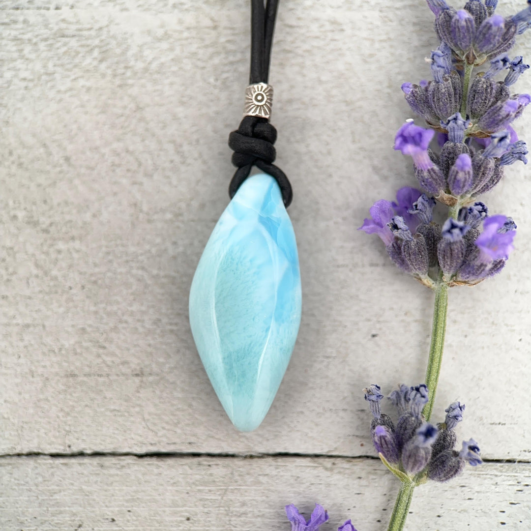 Larimar Crystal and Black Leather Pendant Necklace | Genuine Larimar & Sterling Silver Jewelry - SunlightSilver