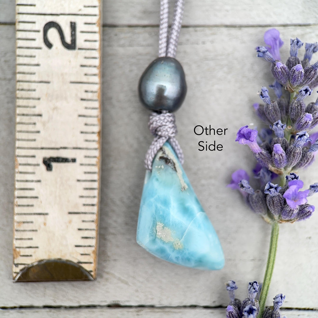 Larimar and Freshwater Pearl Necklace - Dominican Larimar Vegan Cord Necklace - Ocean Inspired Gift - SunlightSilver