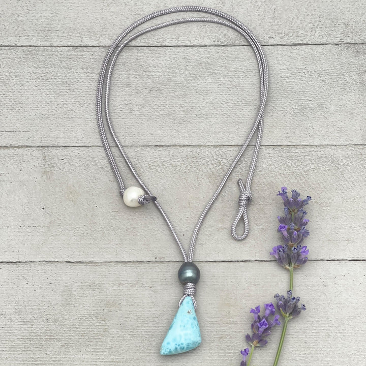 Larimar and Freshwater Pearl Necklace - Dominican Larimar Vegan Cord Necklace - Ocean Inspired Gift - SunlightSilver